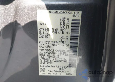 2017 Nissan Frontier Sv z USA, uszkodzony, nr VIN 1N6DD0ER7HN724230